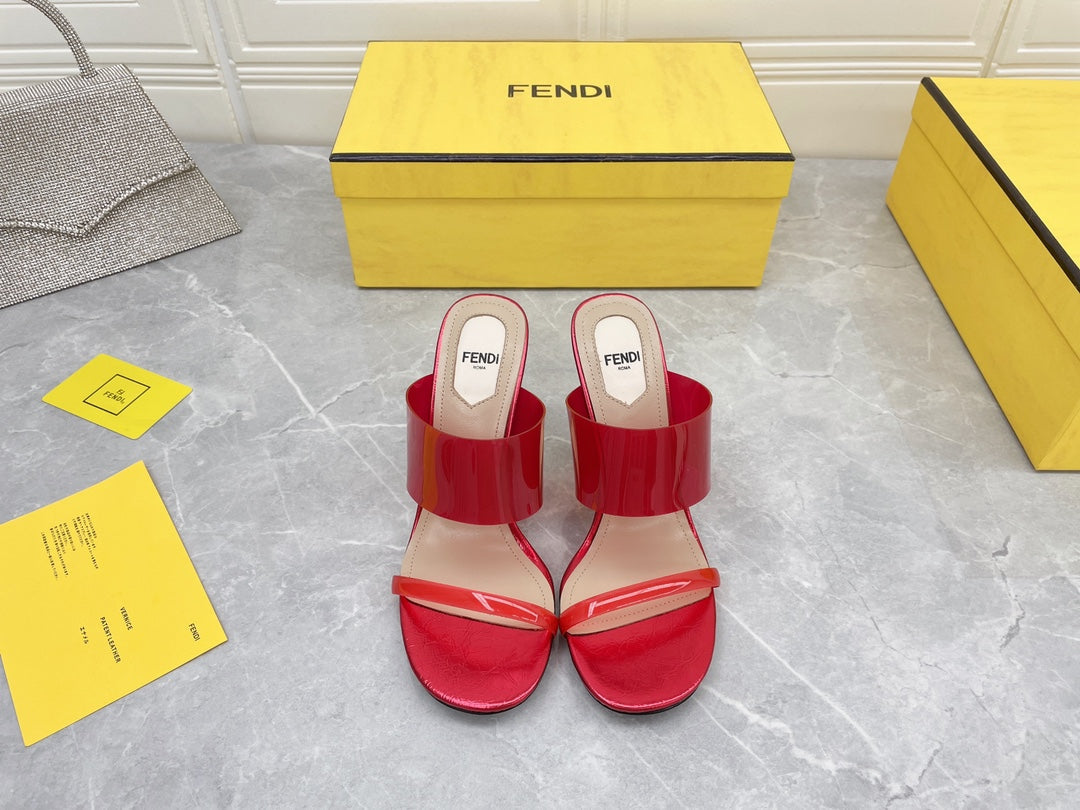 FENDI FIRST 95 MM HIGH-HEELED SANDAL IN CHERRY RED TPU FILM AND LAMBSKIN