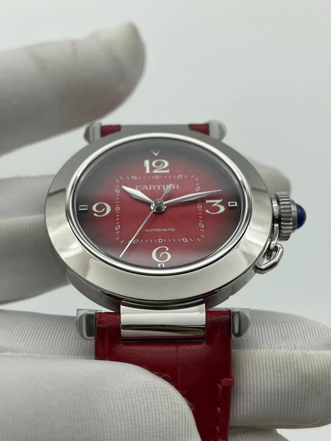 Cartier Pasha 33mm Silver Red Dial Leather