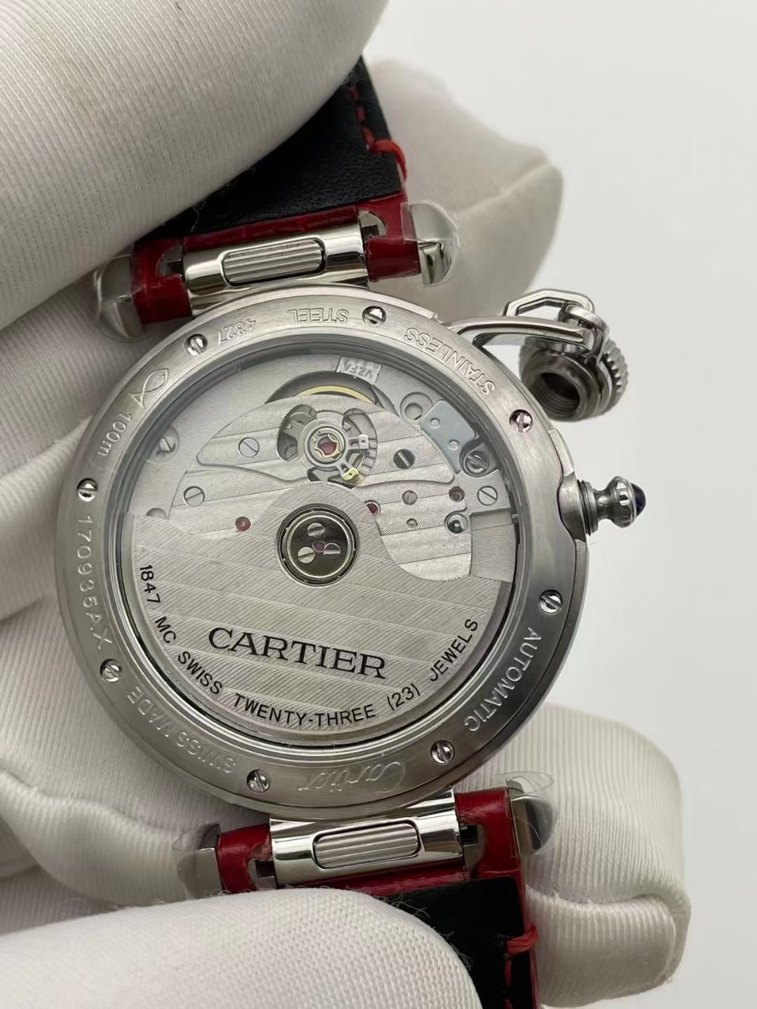 Cartier Pasha 33mm Silver Red Dial Leather