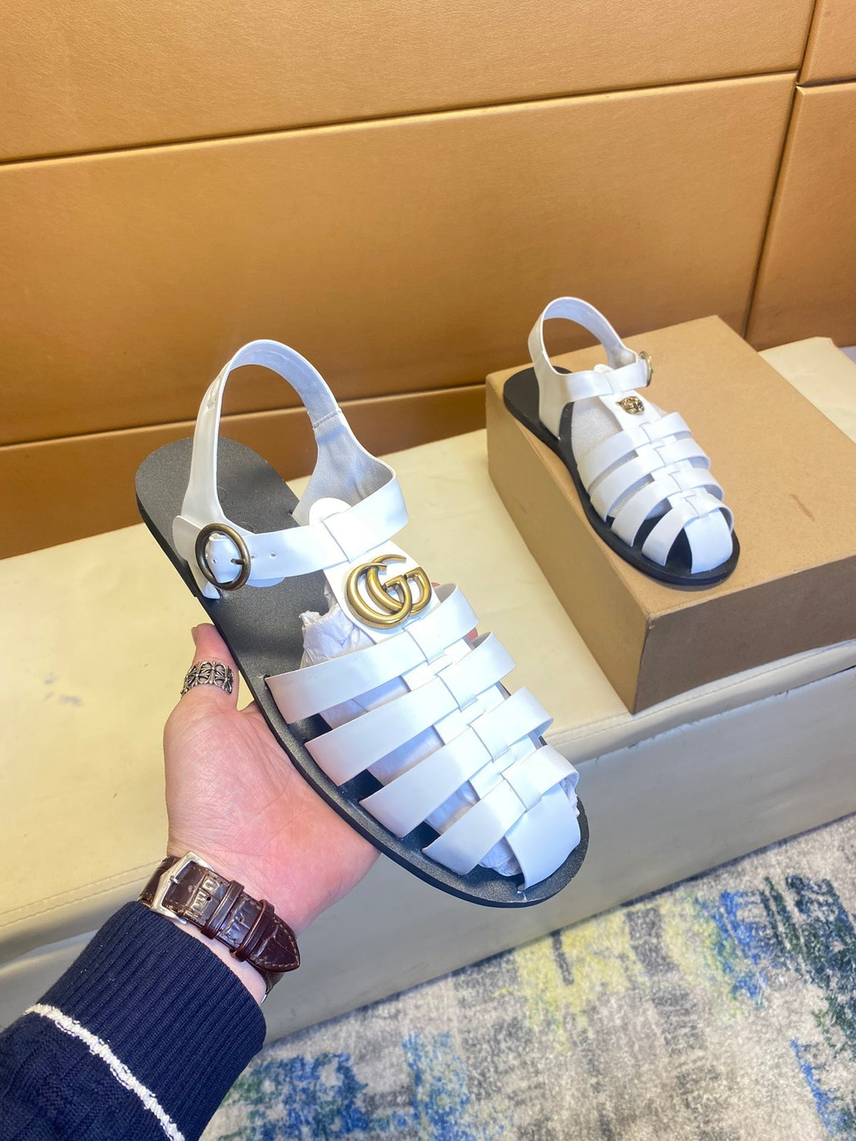GG Men's Sandals White Cowhide 743277
