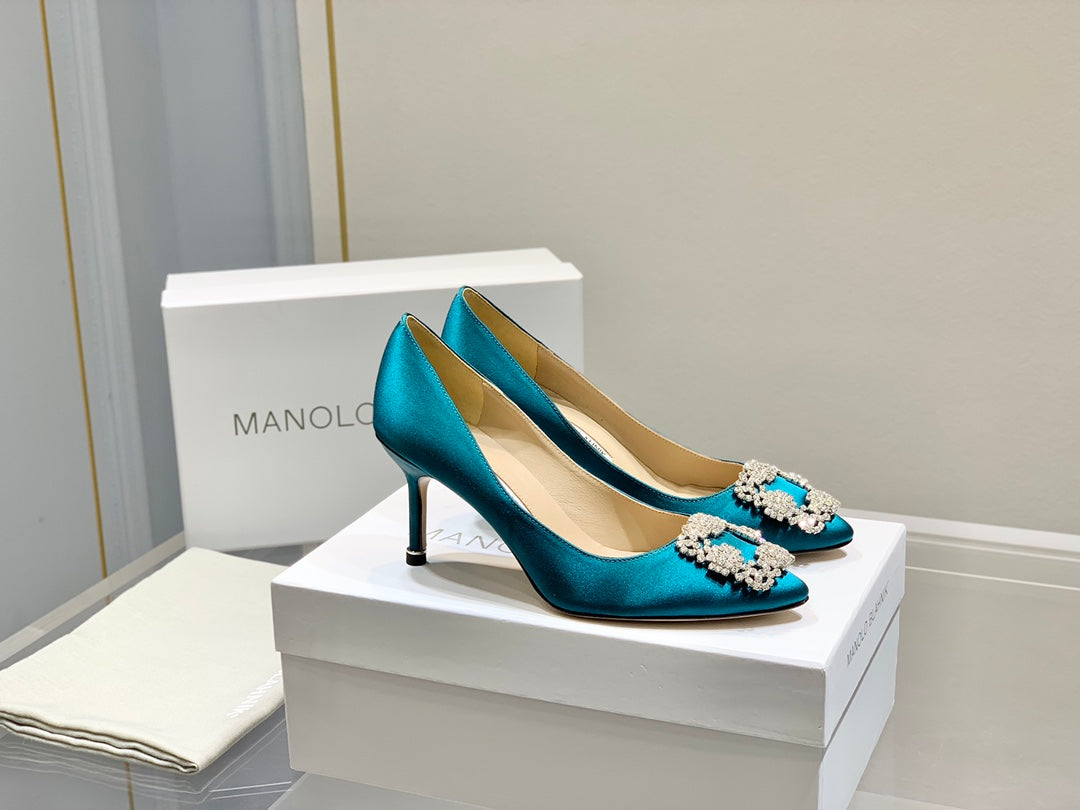 Manolo Diamond Buckle Pumps Olympic Silk 327506