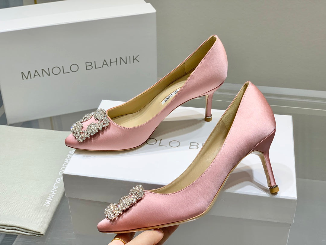 Manolo Diamond Buckle Pumps Light Pink Silk 327504