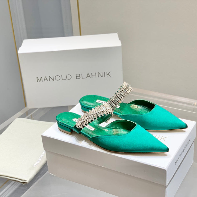 Manolo Flats Mules Diamond Buckle Green Silk Satin 327484