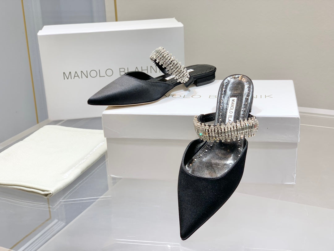 Manolo Flats Mules Diamond Buckle Black Silk Satin 327485