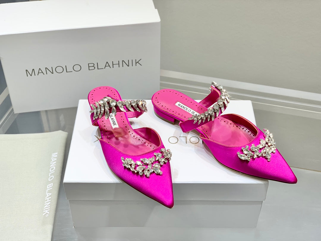 Manolo Flats Mules Crystal Dark Pink Silk Satin 327469