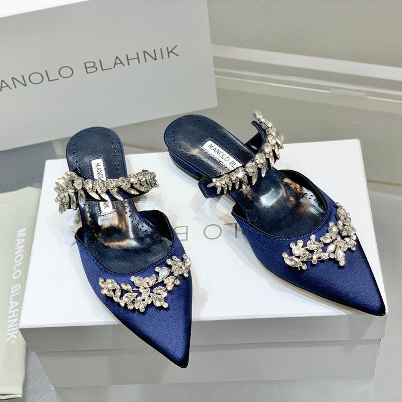 Manolo Flats Mules Crystal Navy Blue Silk Satin 327470
