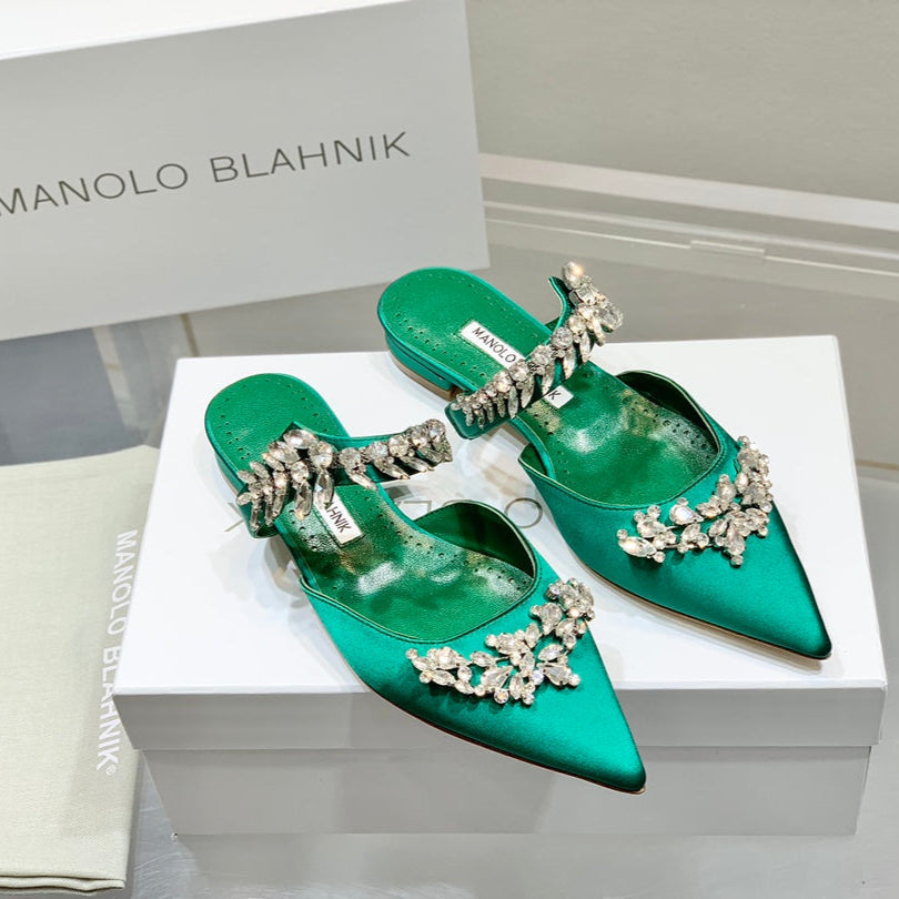 Manolo Flats Mules Crystal Green Silk Satin 327474
