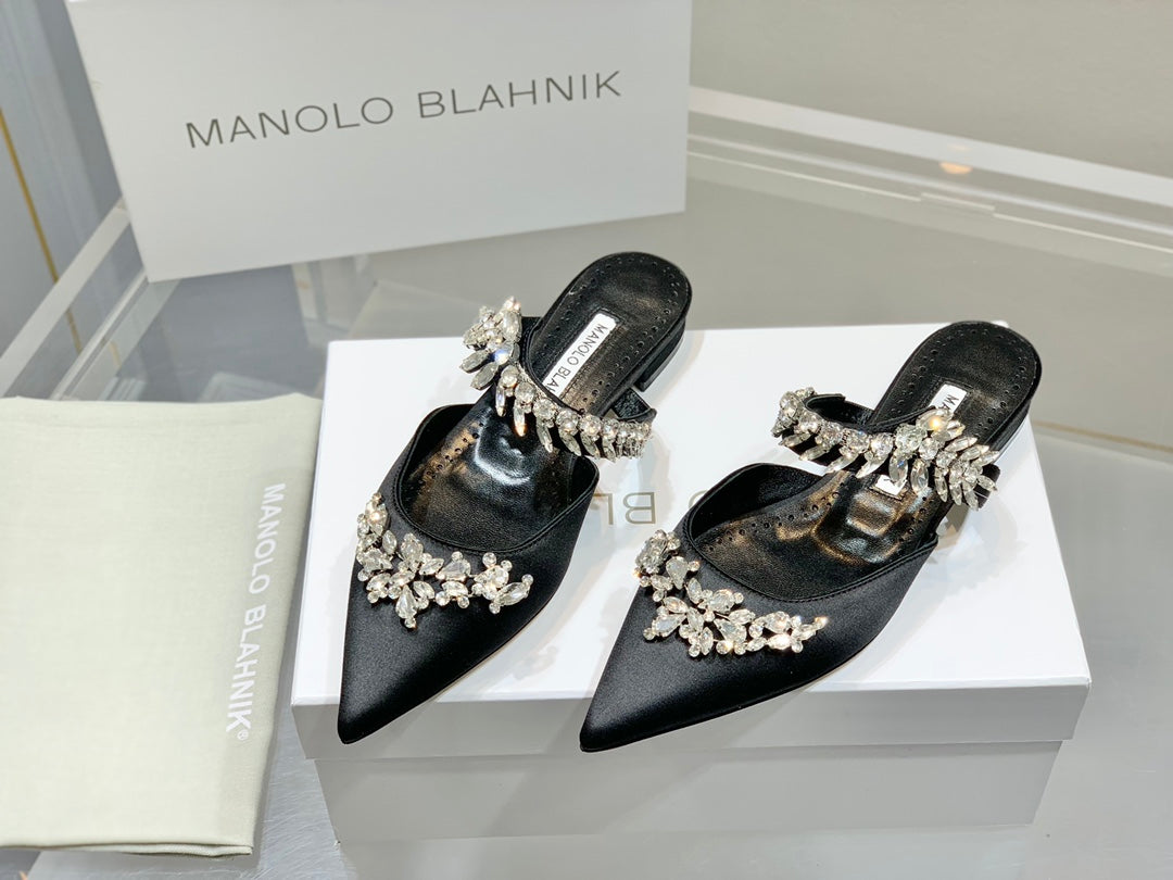 Manolo Flats Mules Crystal Black Silk Satin 327467