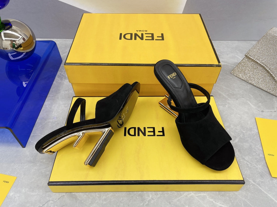 FENDI FIRST 95 MM HIGH-HEELED SANDAL IN BLACK SUEDE GOLD HARDWARE