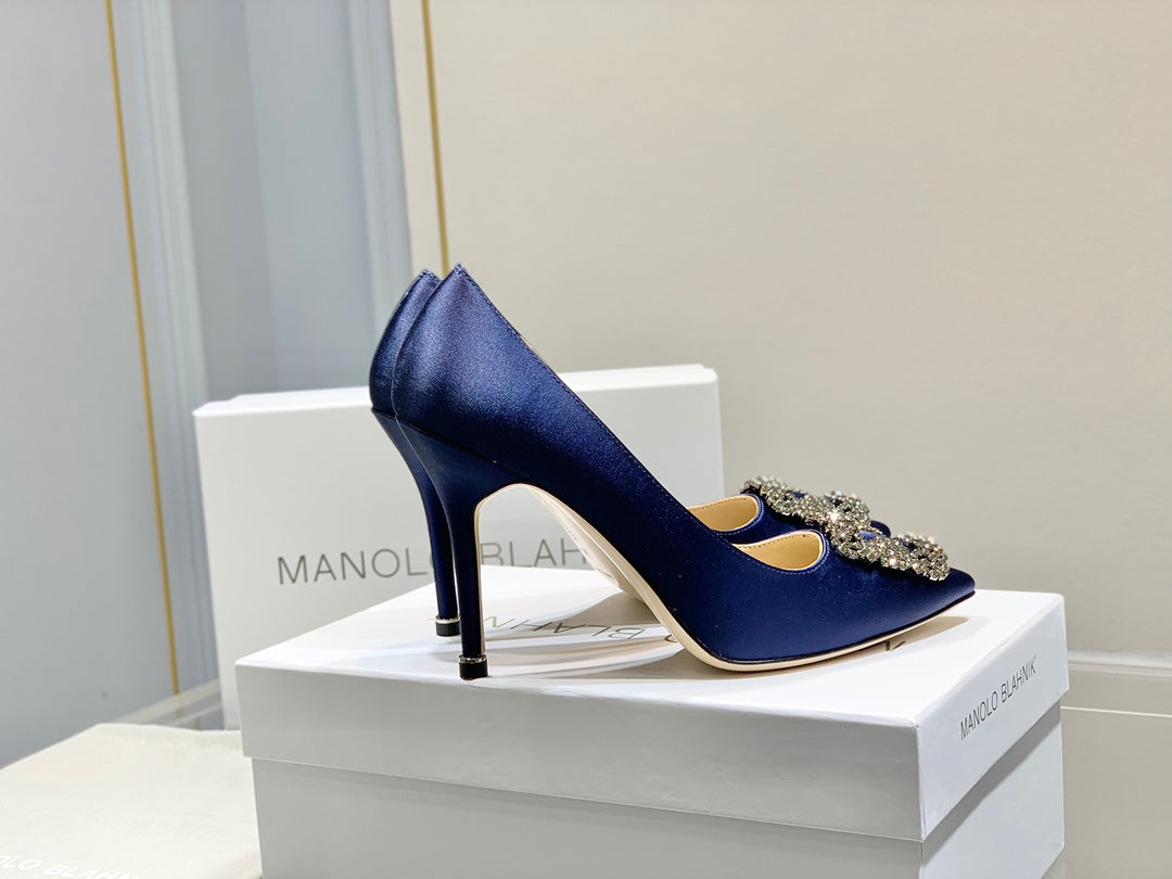 Manolo Diamond Buckle Pumps 10cm Navy Blue Silk 327497