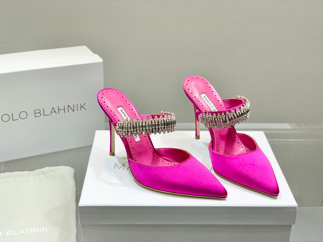 Manolo Mules Diamond Buckle Dark Pink Silk Satin 327475