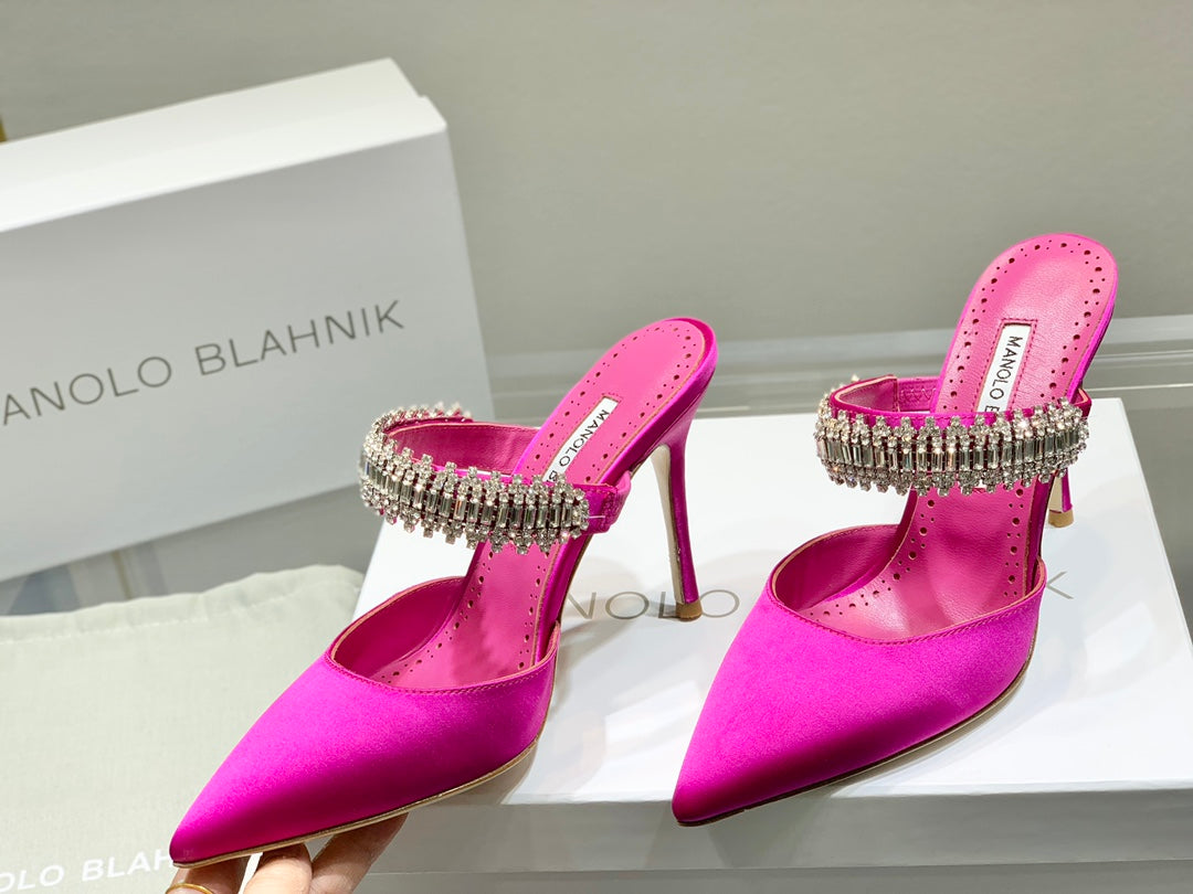 Manolo Mules Diamond Buckle Dark Pink Silk Satin 327475