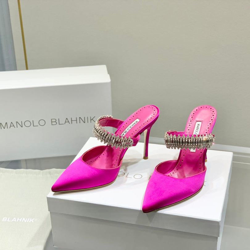 Manolo Mules Diamond Buckle Dark Pink Silk Satin 327475