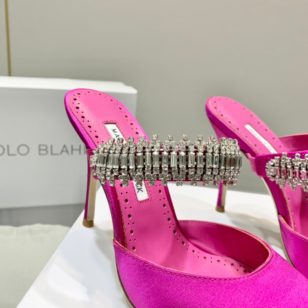 Manolo Mules Diamond Buckle Dark Pink Silk Satin 327475