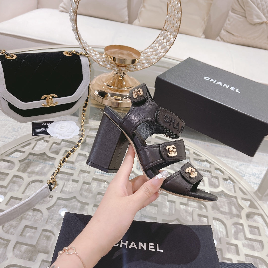 CC 25C Three Strap Sandal High Heel Black Sheepskin 213350