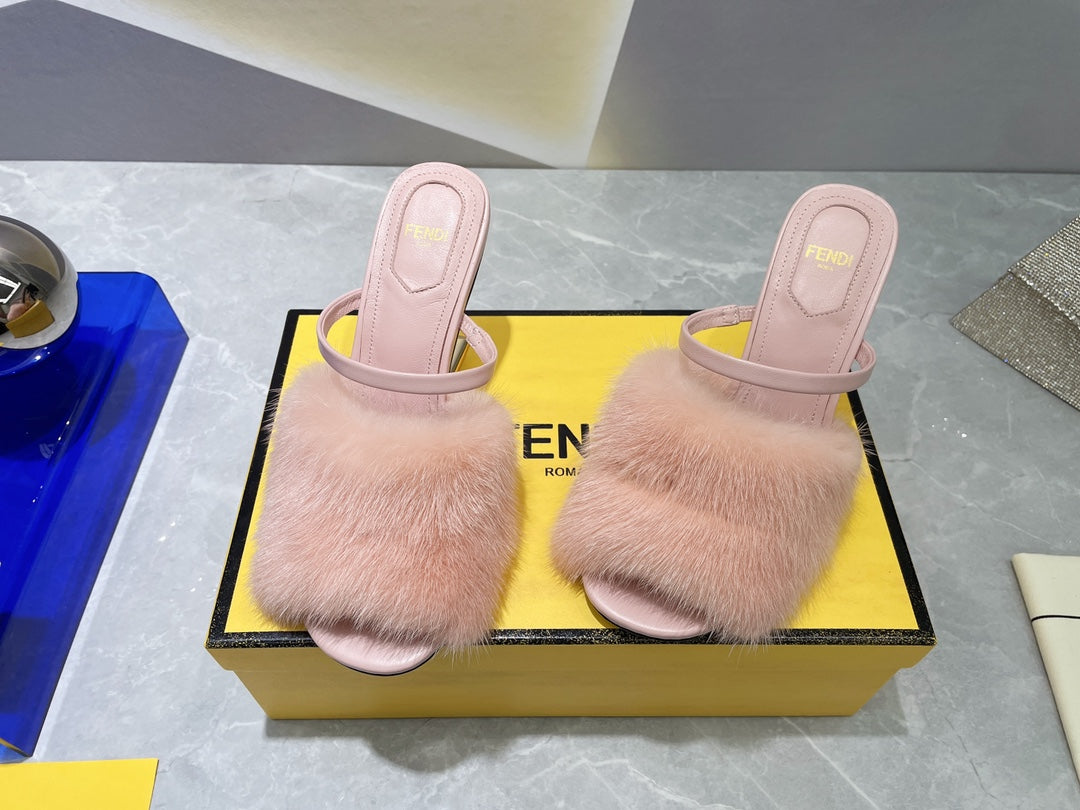 FENDI FIRST HIGH HEEL 95 MM SANDAL IN LIGHT PINK MINK FUR