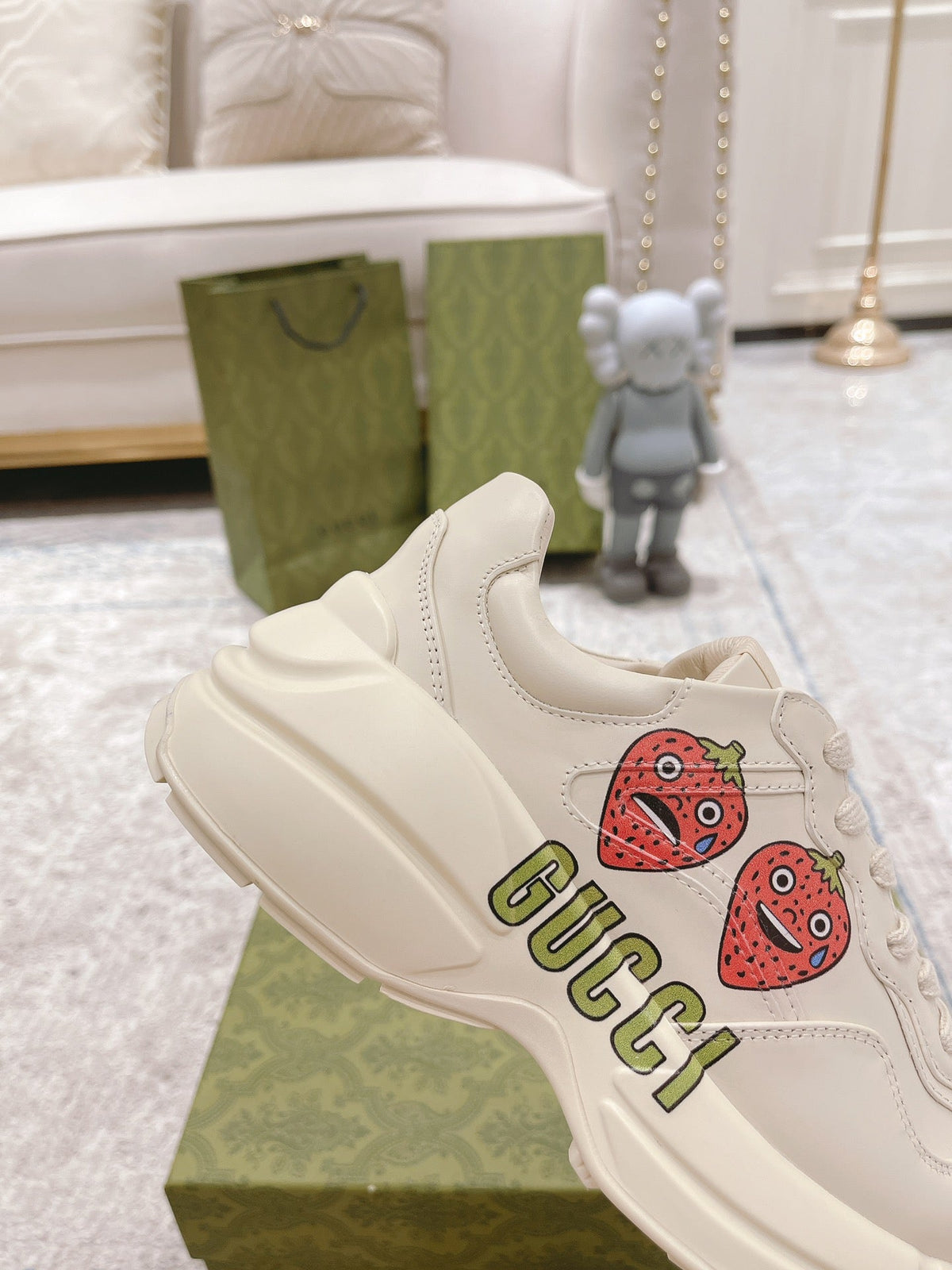 Gucci 2026 Rhyton Sneakers Ivory Cowhide With Strawberry Motif 988664