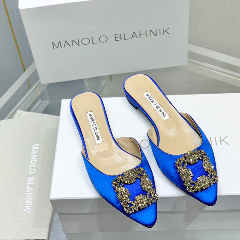 Manolo Buckle Flast Mules Navy Blue Silk 327512