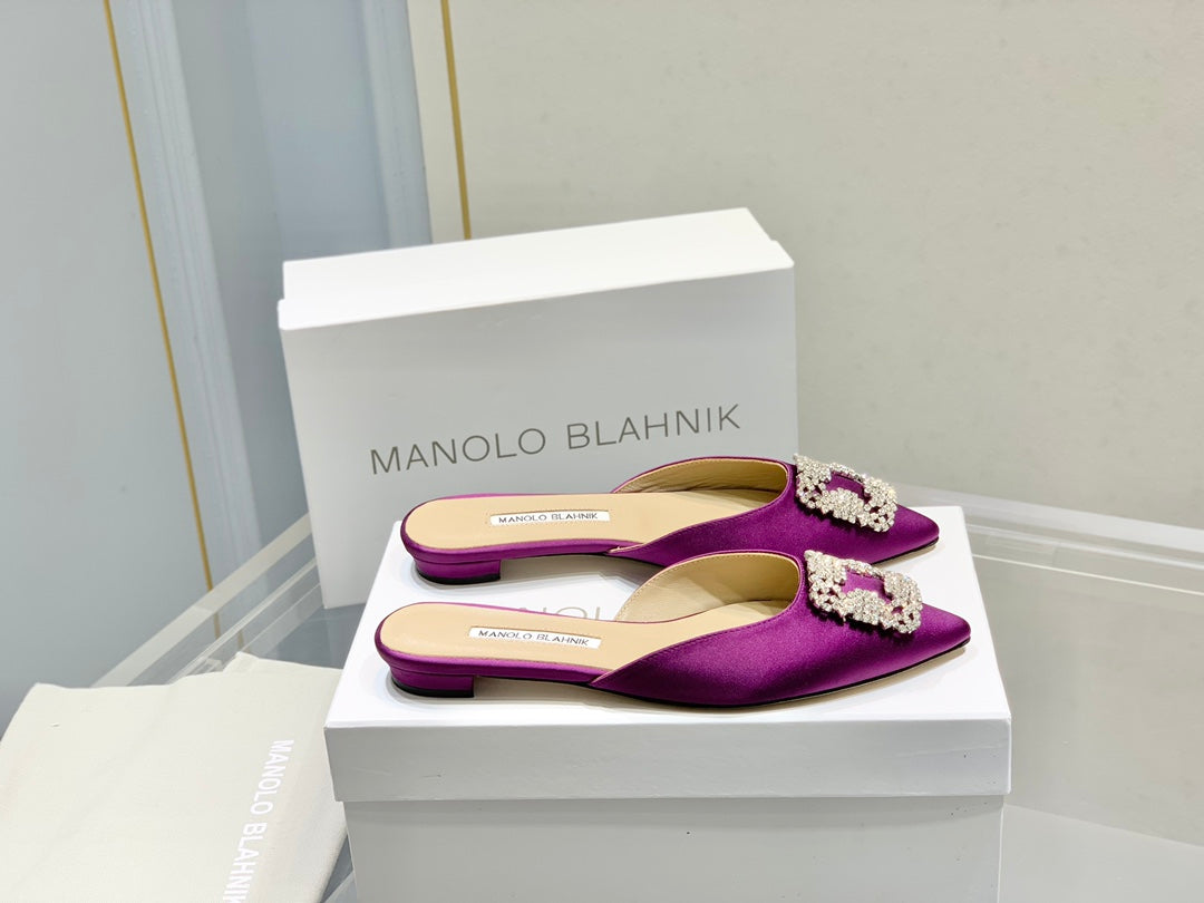 Manolo Buckle Flast Mules Purple Silk 327513
