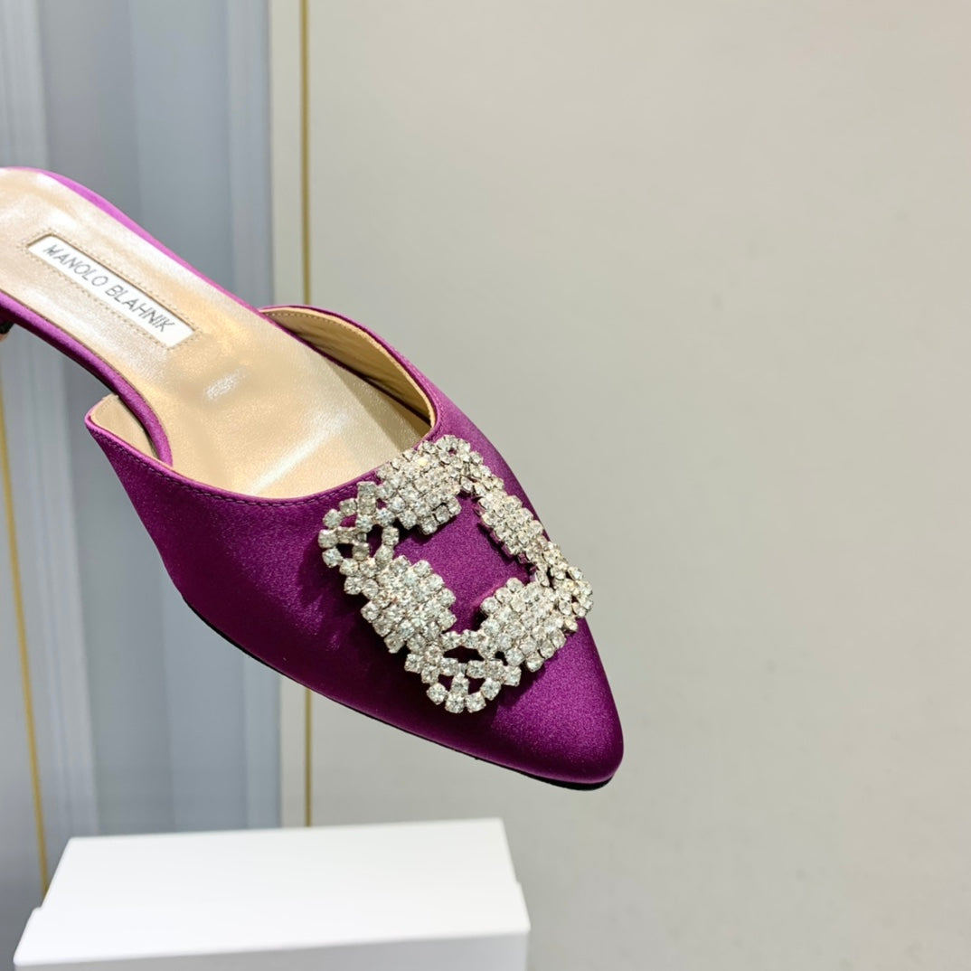 Manolo Buckle Flast Mules Purple Silk 327513
