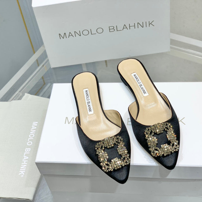 Manolo Buckle Flast Mules Black Silk 327515