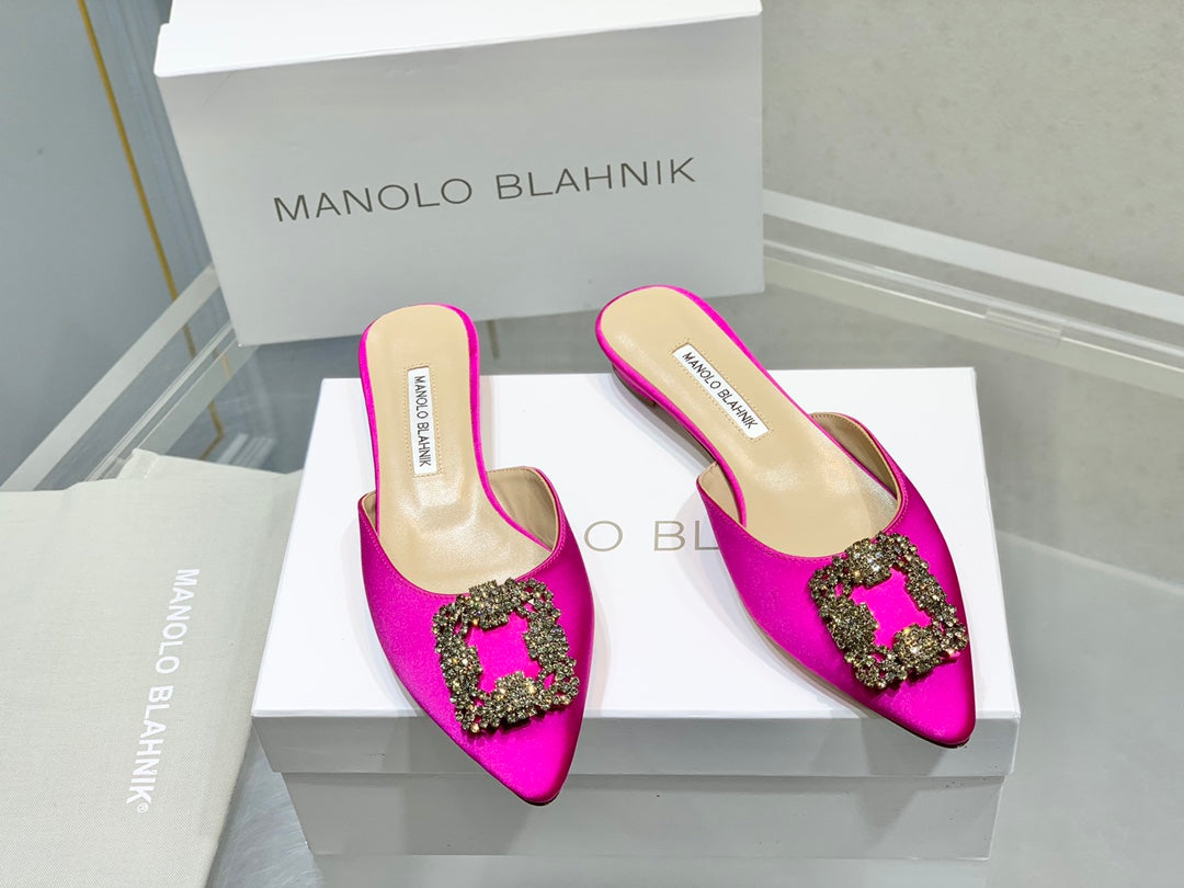 Manolo Buckle Flast Mules Dark Pink Silk 327521