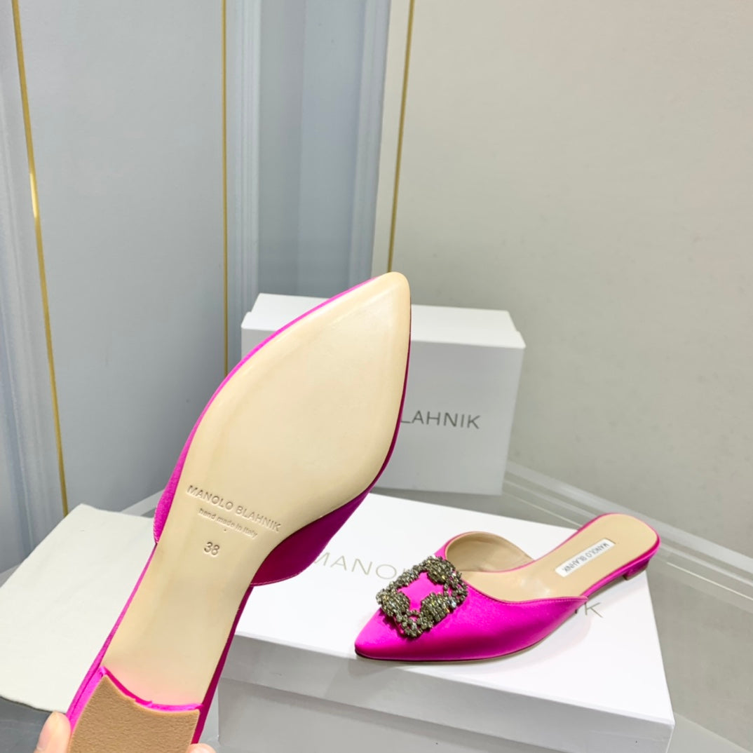Manolo Buckle Flast Mules Dark Pink Silk 327521