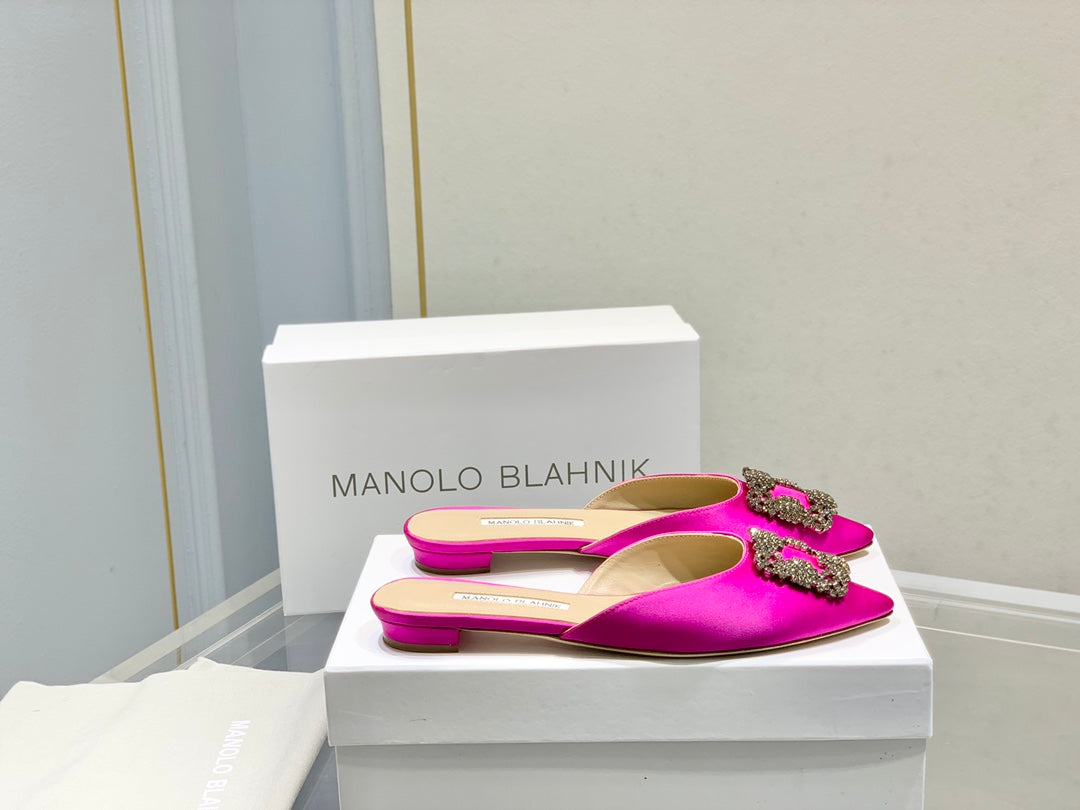 Manolo Buckle Flast Mules Dark Pink Silk 327521