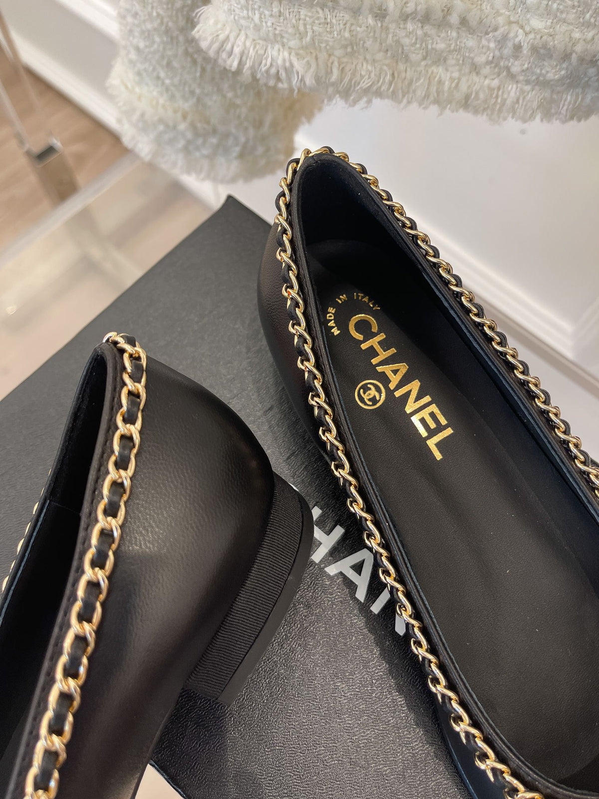 CC Ballet Flats 25mm Black Bow Tie Chain Lambskin