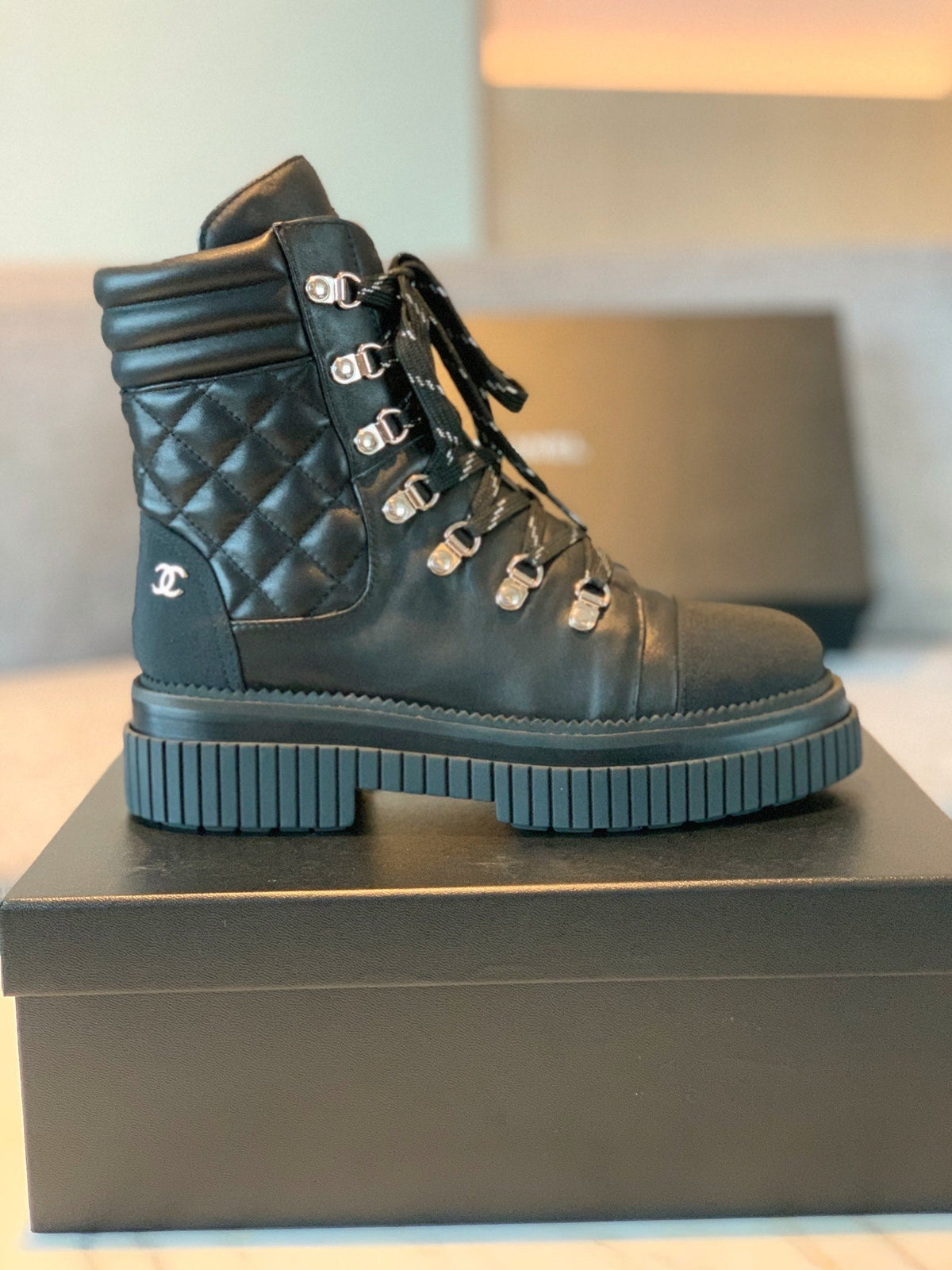 CC Combat Boots 50mm In Black Calfskin Quilted And Lycra Fabric  940072