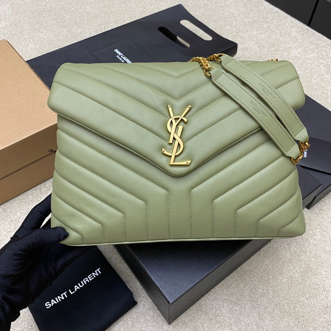 LOULOU MEDIUM 32 KHAKI GREEN QUILTED LEATHER GOLD HARDWARE