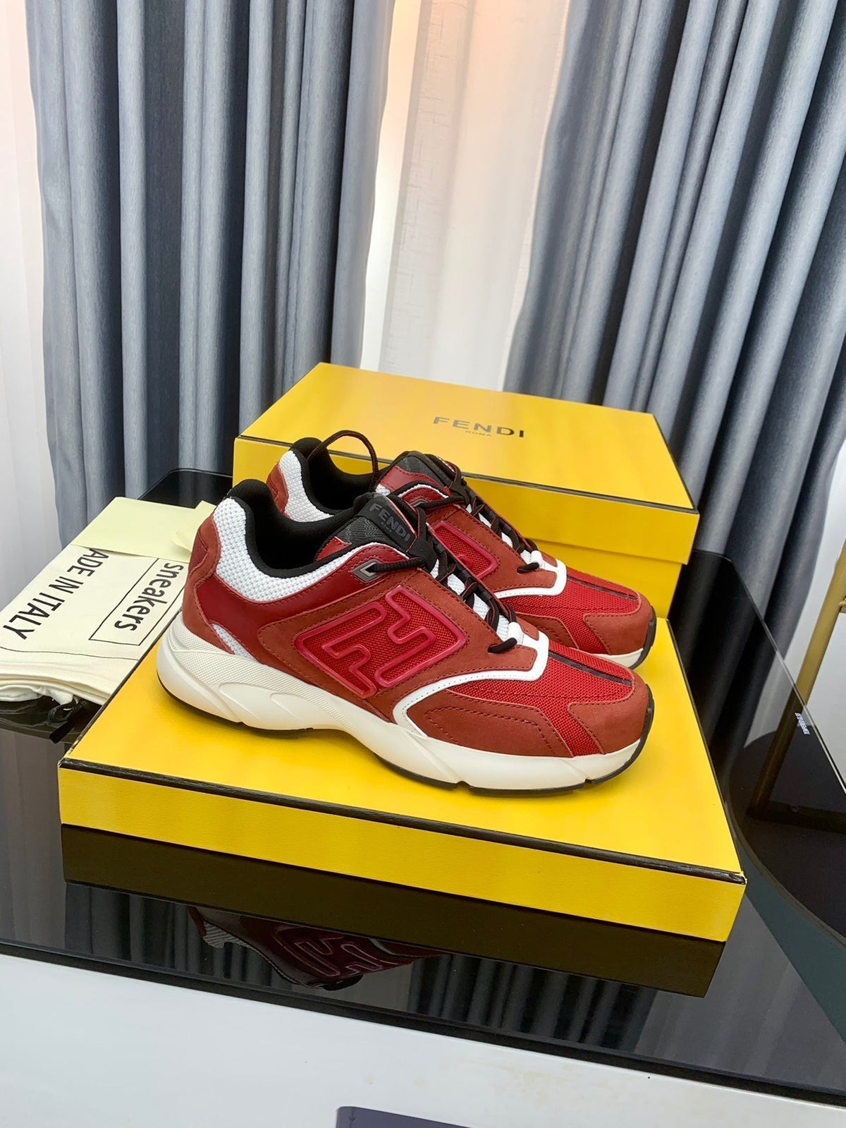 FENDI FASTER TRAINER IN BURGUNDY RED SUEDE AND CALFSKIN