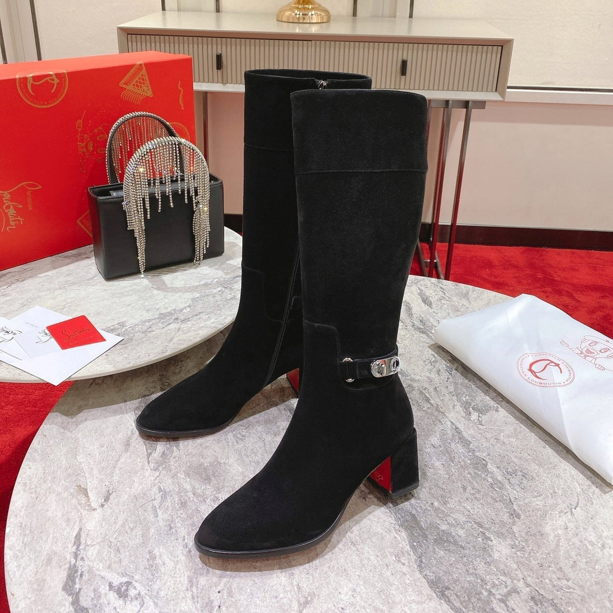 CL Lock Botta 70 mm Knee-High Boots Suede Black