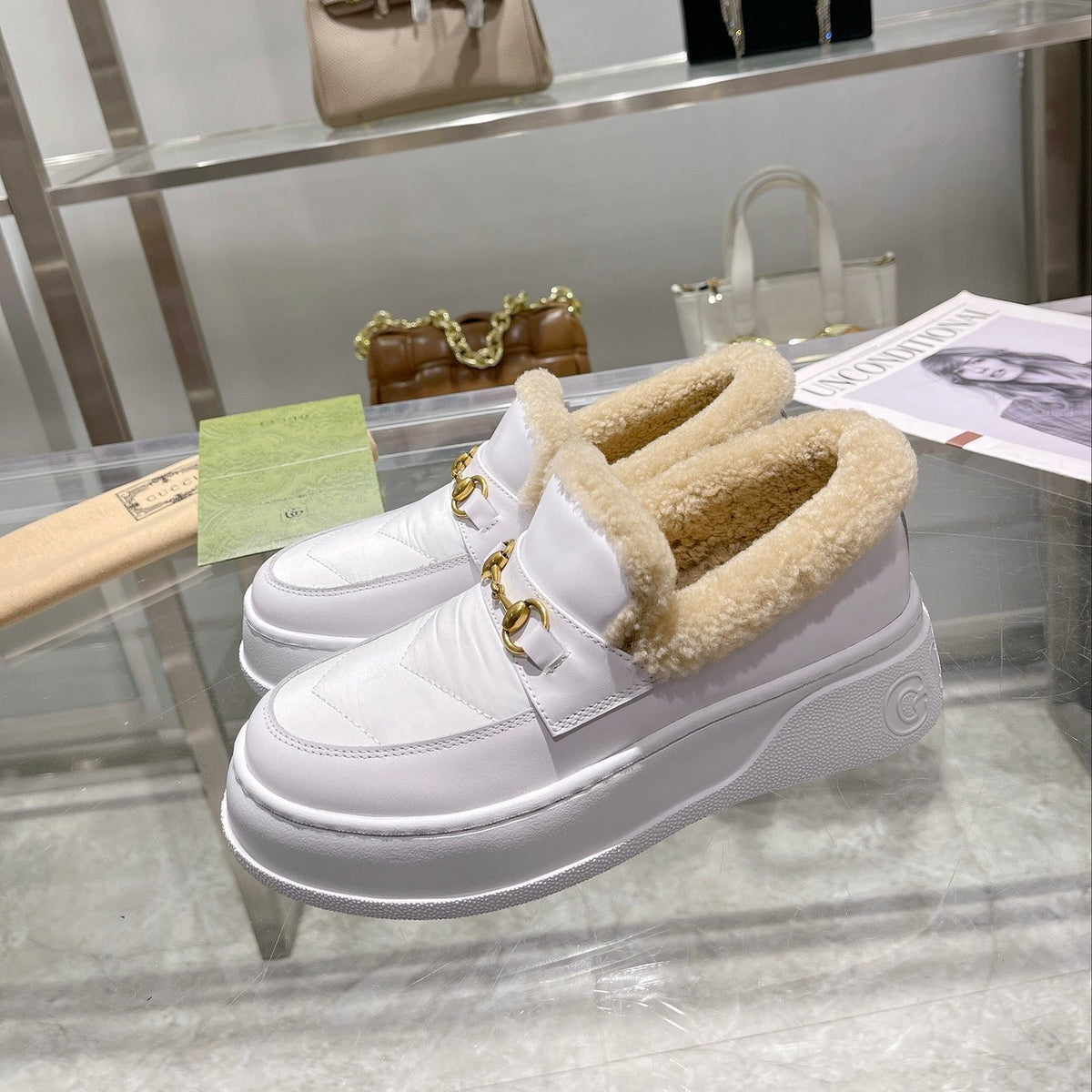 GG Snow Boots White Calfskin Wool 576243