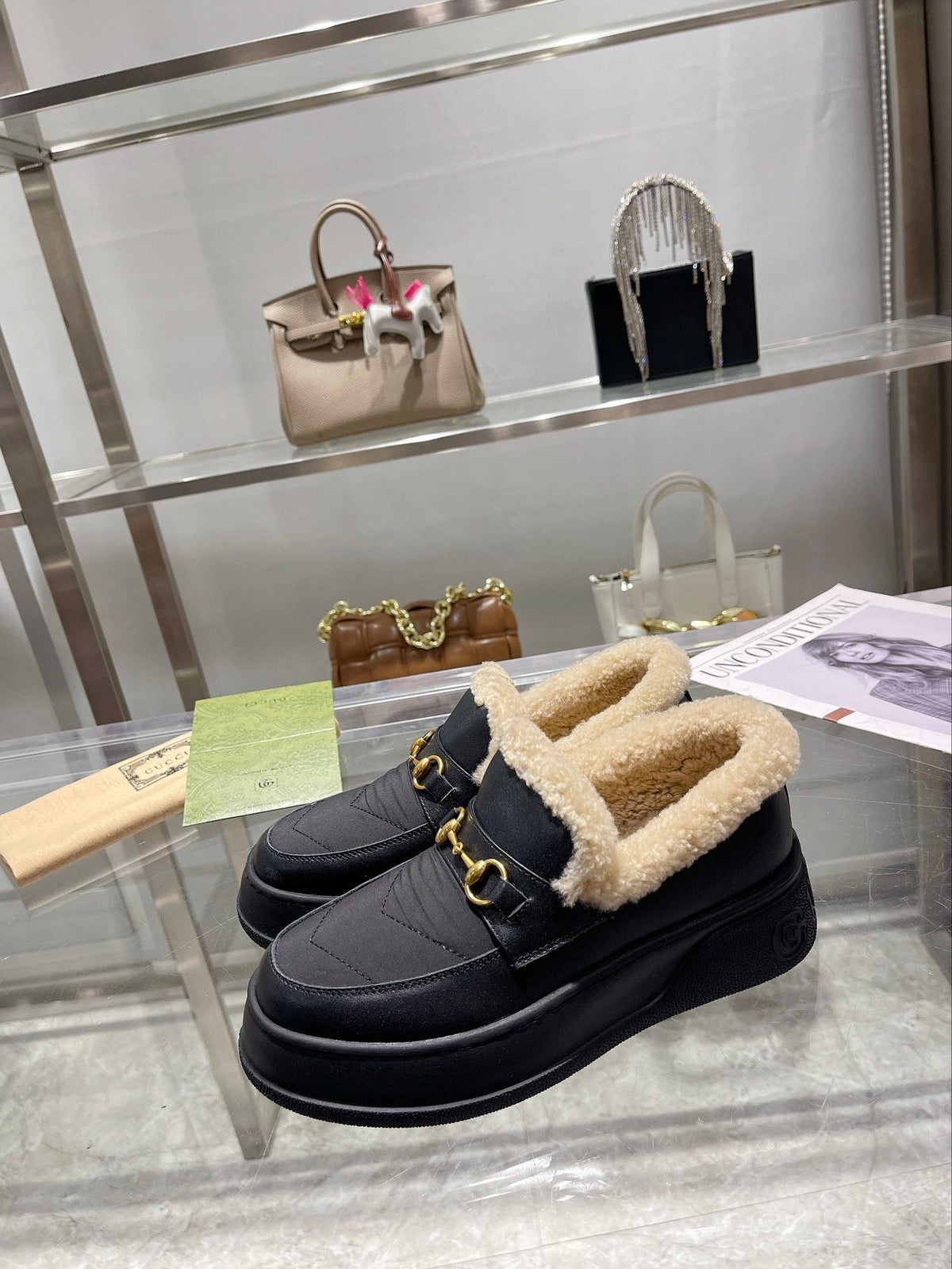 GG Snow Boots Black Calfskin Wool 576242