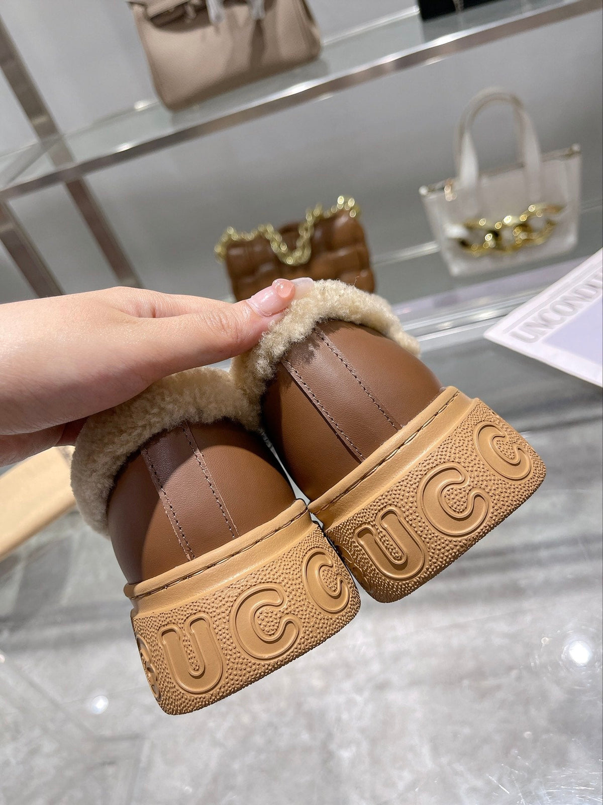 GG Snow Boots Brown Calfskin Denim Wool 576247