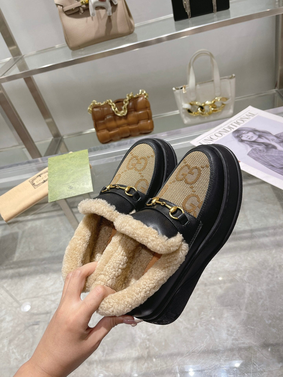 GG Snow Boots Black Calfskin Denim Wool 576248