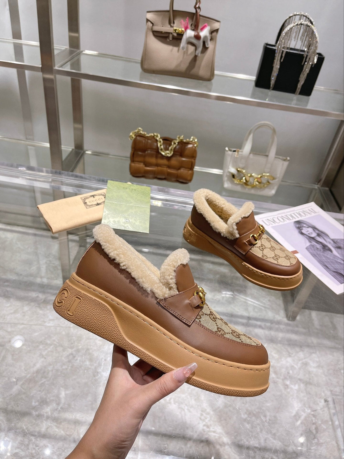 GG Snow Boots Brown Calfskin Denim Wool 576249