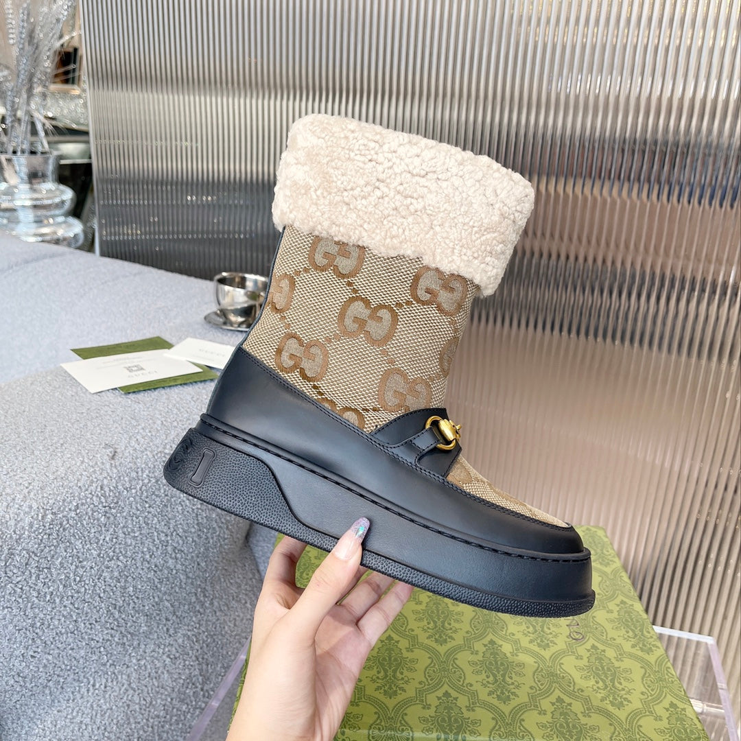 Gucci 2025 Monogram Boot Black Beige Wool Canvas Calfskin 564685