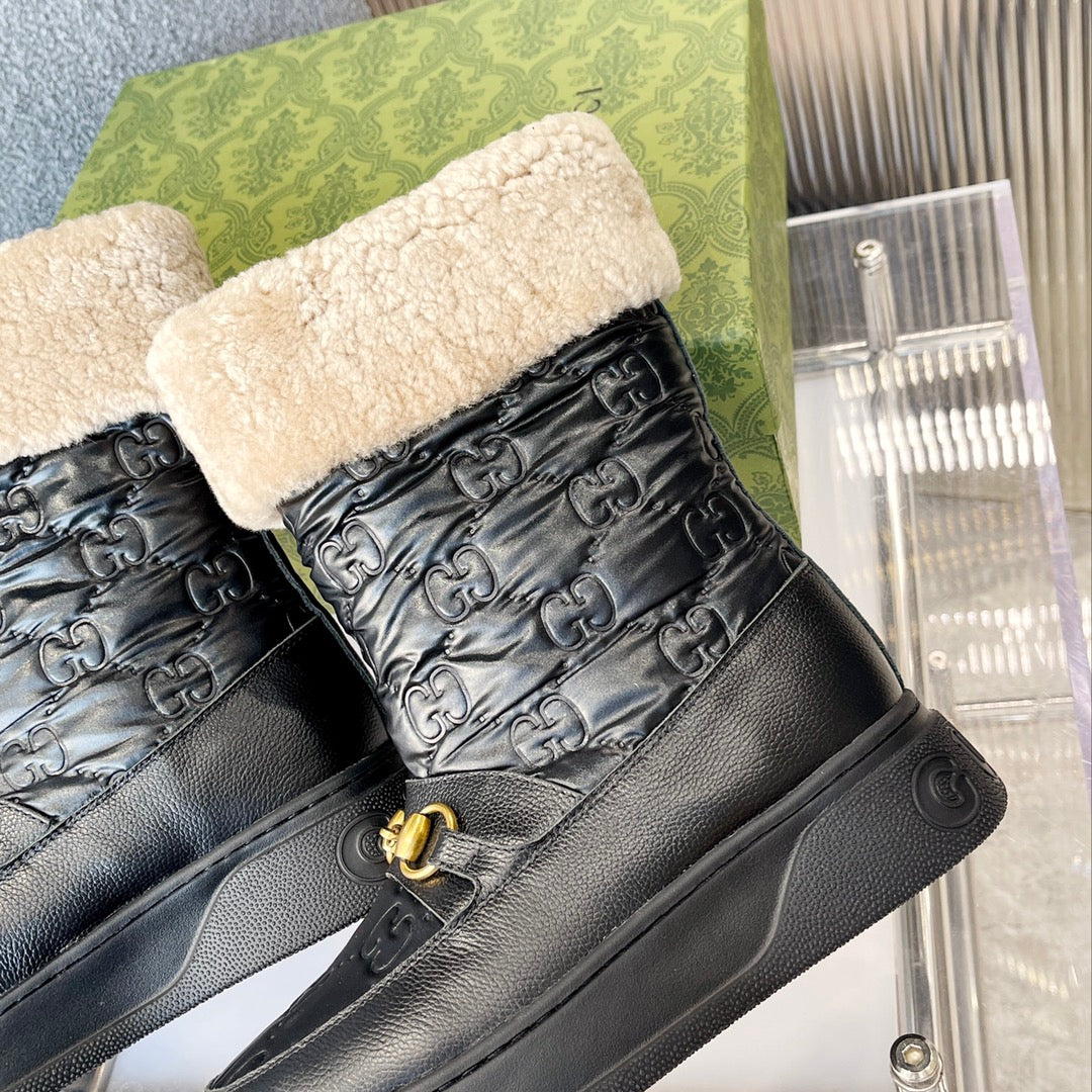 Gucci 2025 Monogram Boot Black Beige Wool Calfskin 564686