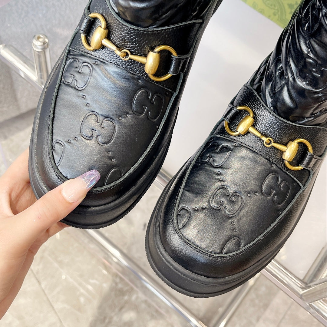 Gucci 2025 Monogram Boot Black Beige Wool Calfskin 564686