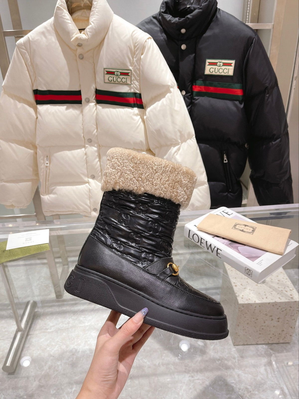 Gucci 2025 Monogram Boot Black Beige Wool Calfskin 564686