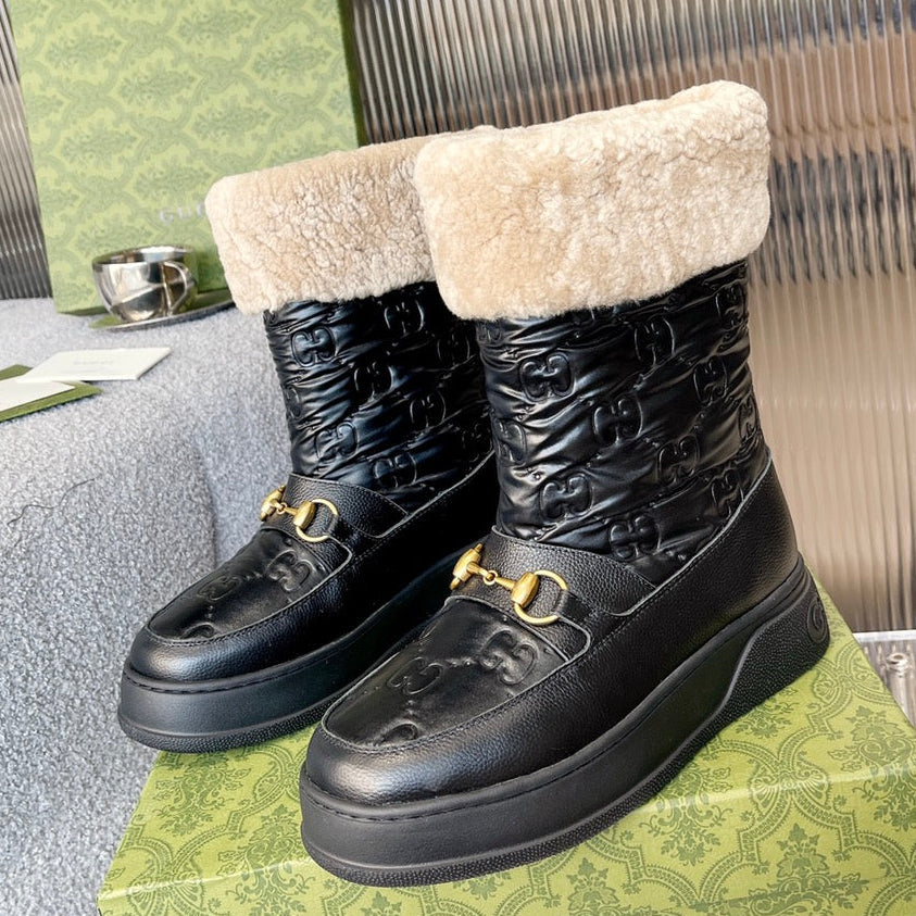 Gucci 2025 Monogram Boot Black Beige Wool Calfskin 564686
