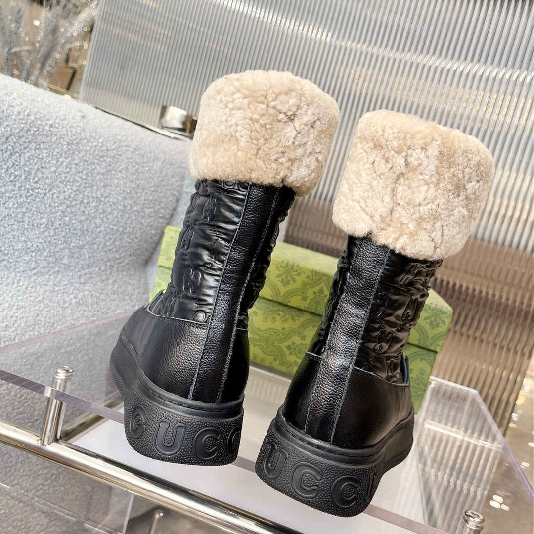 Gucci 2025 Monogram Boot Black Beige Wool Calfskin 564686