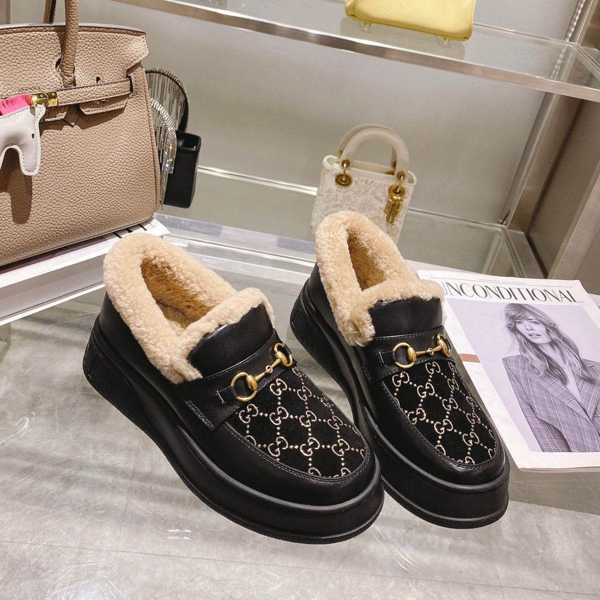 GG Snow Boots Black Cowhide Wool 576234