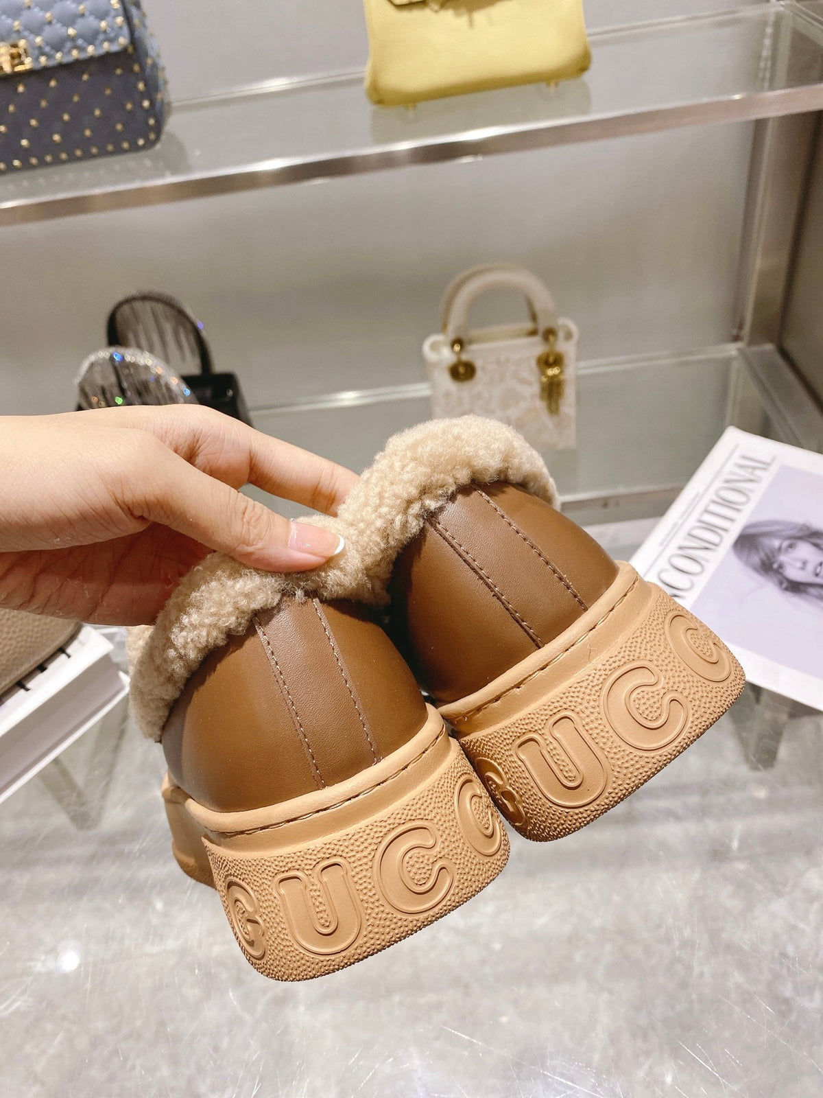 GG Snow Boots Brown Calfskin Wool 576240