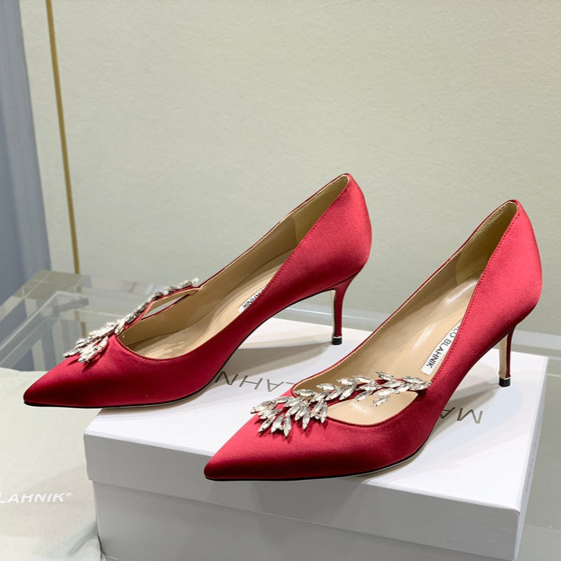 Manolo Wheat Ear Rhinestone Pumps Dark Red Silk Fabric 306595