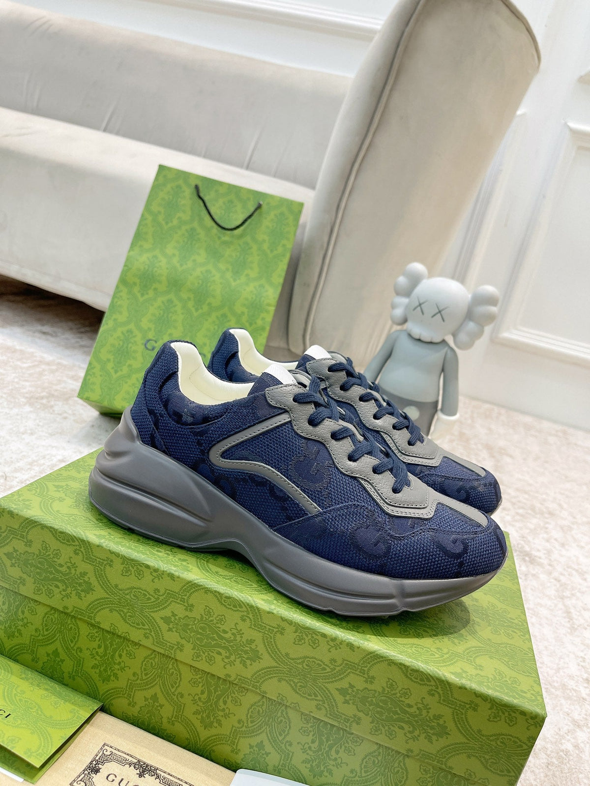 Gucci 2026 GG Supreme Rhyton Sneakers Navy Blue Gray Cowhide 988662
