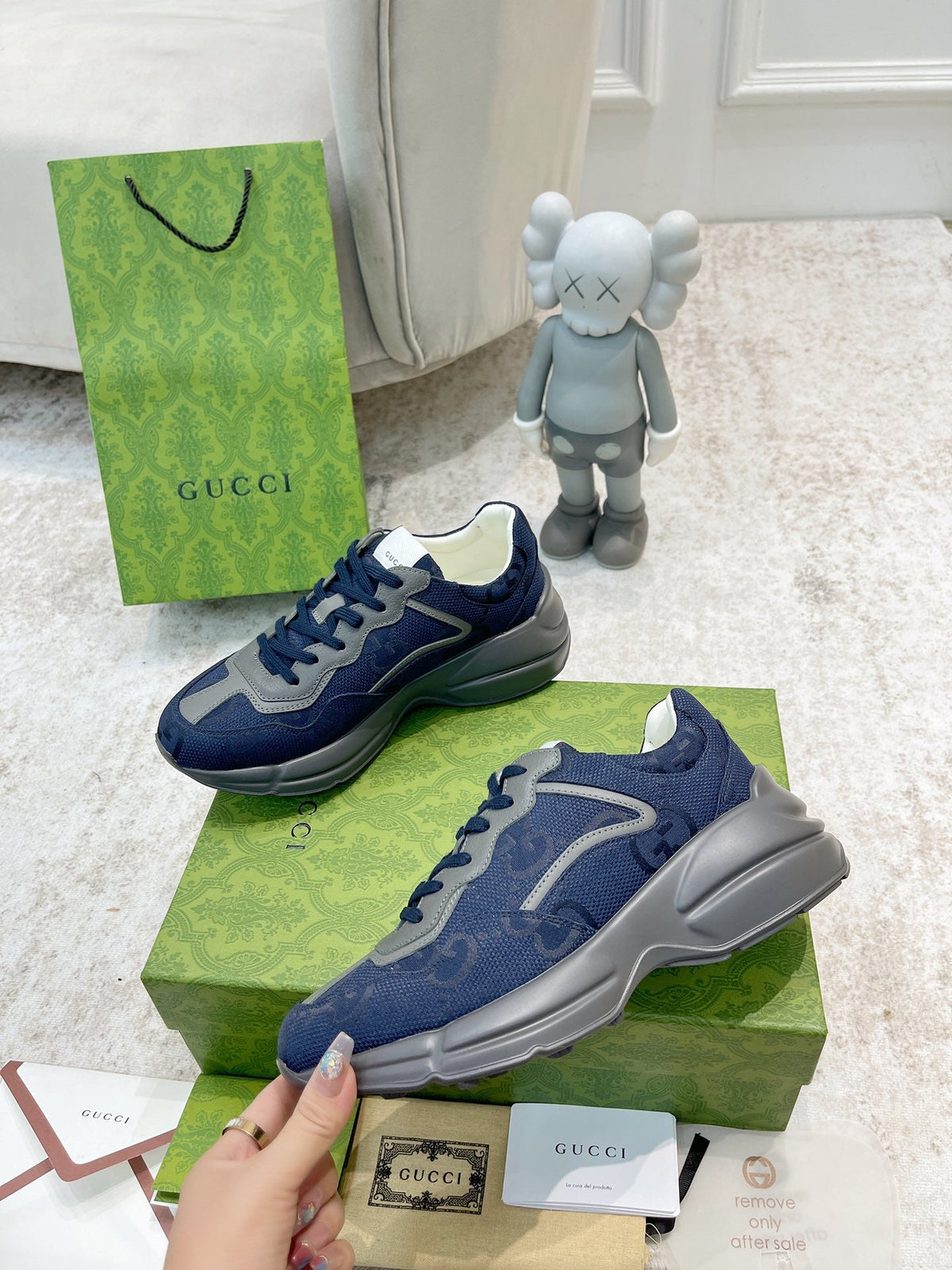 Gucci 2026 GG Supreme Rhyton Sneakers Navy Blue Gray Cowhide 988662