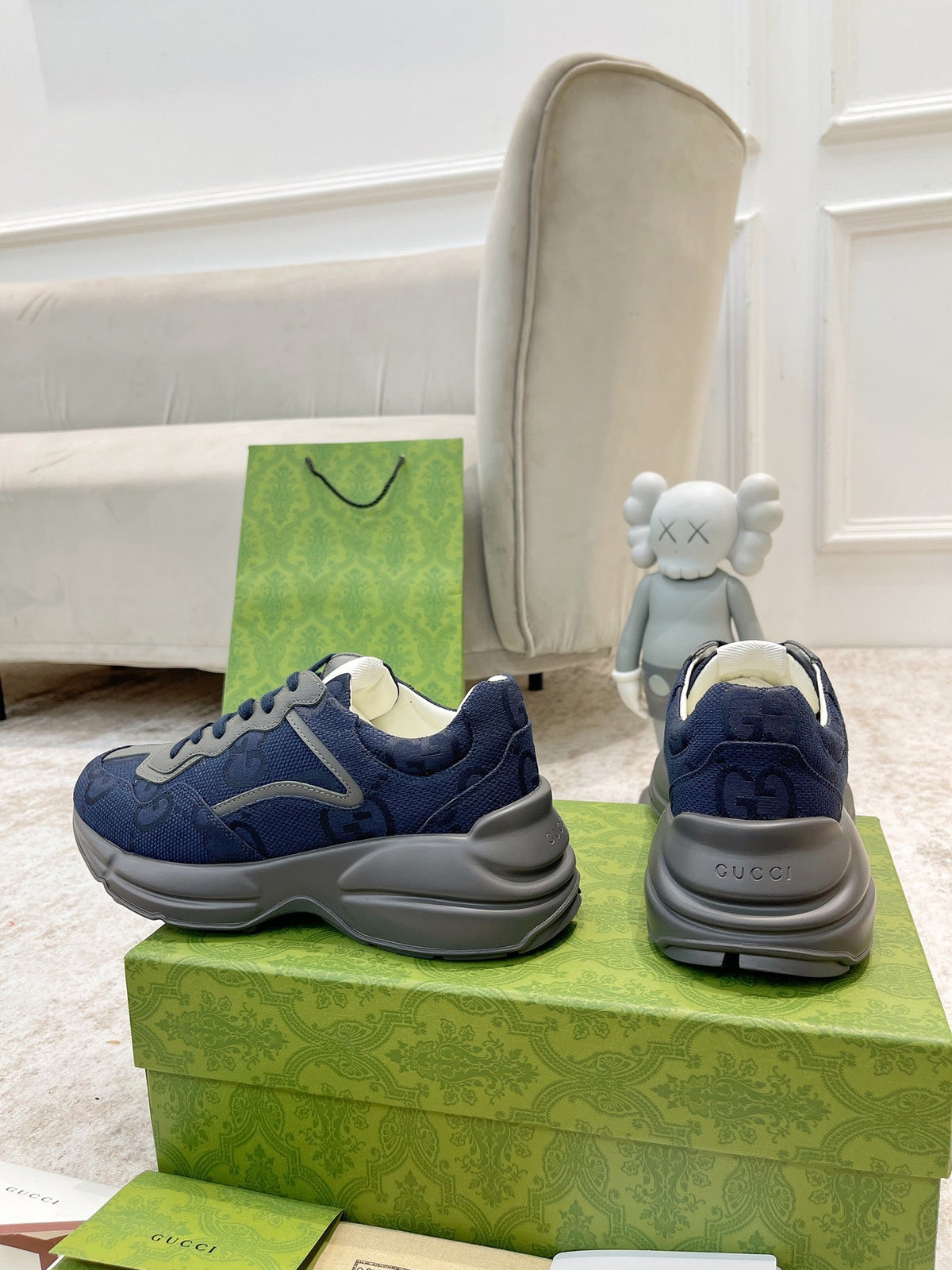 Gucci 2026 GG Supreme Rhyton Sneakers Navy Blue Gray Cowhide 988662
